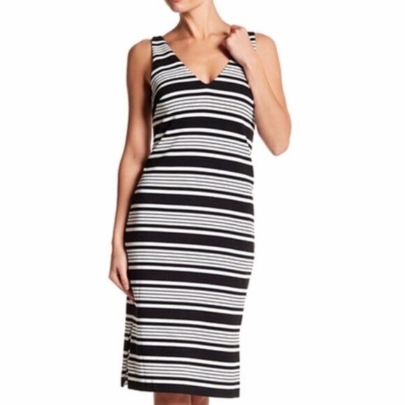 BETSEY JOHNSON Size 8 Medium M Striped V-Neck Stretch Bodycon Midi Dress - Picture 1 of 9